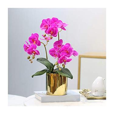 Imagem de LMJYU Presentes de flores artificiais Phalaenopsis - arranjo realista de flores Phalaenopsis com 3 cabeças de floração, orquídeas falsas em vaso Pla