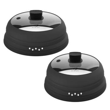 Imagem de Pacote com 2 tampas de proteção contra respingos de micro-ondas com silicone dobrável para prato de panela de alimentos 21,6 cm e 24,9 cm preto, tampa alta e tampa de tamanho padrão