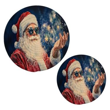Imagem de Wassud Conjunto engraçado de trivet de Papai Noel para pratos quentes, suportes redondos de algodão, almofadas quentes, porta-copos elegantes, decoração de cozinha e acessórios, 2 peças
