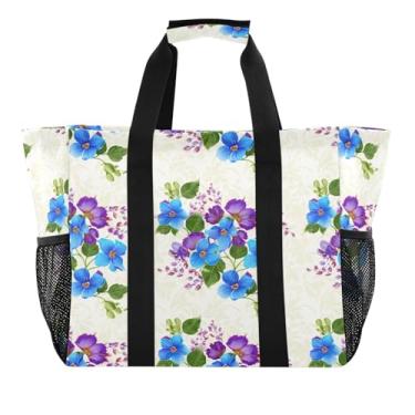 Imagem de Wassud Sacolas de compras reutilizáveis com flores azuis delicadas, grande bolsa organizadora de lona à prova d'água para praia, piquenique, lavanderia, viagem
