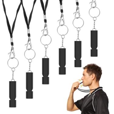 Imagem de Quxddy Pacote com 6 apitos de metal com cordões, apito de emergência alto para caminhadas ao ar livre, acampamento, caça, pesca, barco (preto)