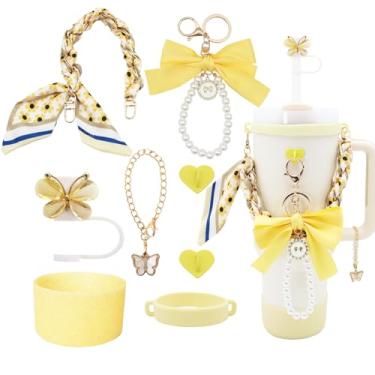 Imagem de Conjunto de acessórios Stanley Cup para copo de 40 e 850 g, incluindo alça de alça de garrafa de água, chaveiro de laço, anel de copo, botas de silicone brilhante, topo de canudo de borboleta