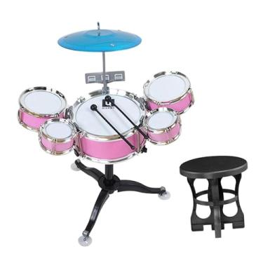 Imagem de menolana Bateria Infantil de Brinquedo Educativo com 5 Tambores, Instrumento Musical de Simulação e Banquinho - Diversão para Crianças em Idade, Rosa