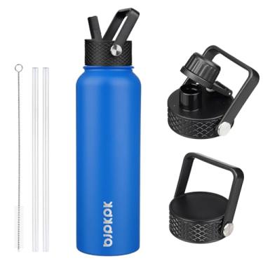 Imagem de BJPKPK Garrafas de água isoladas com tampa de palha, garrafas de água de aço inoxidável de 1,2 l com 3 tampas, garrafa térmica à prova de vazamento sem BPA, copos, copos para esportes, academia -