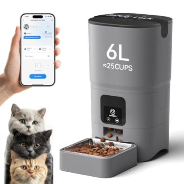 Imagem de PAPIFEED Atualização automática do alimentador de gatos, alimentador inteligente para gatos 6L - controle app/Alexa, fonte de alimentação dupla, cabo antimastigação, tigela de aço inoxidável, design