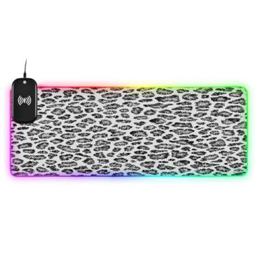 Imagem de CEBUGI Mouse pad de carregamento sem fio com estampa leopardo de 15 W rápido para jogos com iluminação LED RGB 14 para jogos, PC, laptop, mesa 90,9 x 39,9 cm