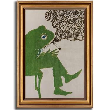 Imagem de Arte de parede vintage emoldurada dourada com estampa de sapo engraçado, pintura de sapo fumante, imagem de animal caprichosa, decoração de parede para sala de estar quarto 28 x 23 cm (verde, 28 cm C