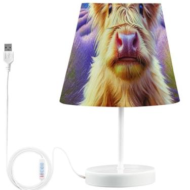 Imagem de TSENQUE Candeeiro de mesa de cabeceira USB Starry Night Highland Cow Lavanda Lâmpada de cabeceira LED brilhante para mesinhas noturnas, lâmpadas decorativas reguláveis, bases e persianas