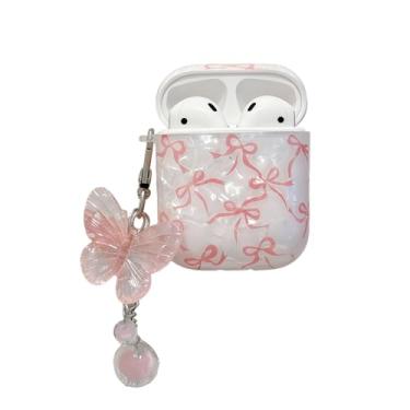 Imagem de Rertnocnf Capa compatível com AirPods 4 2024, linda capa com padrão de laço, capa portátil de TPU macio com carregamento sem fio, protetor à prova de choque com chaveiro de borboleta