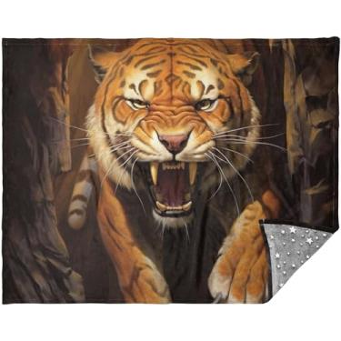 Imagem de Cobertores de pelúcia personalizados com pintura de tigre zangado, cobertores macios de inverno para mulheres, cobertor xadrez de vaca 178 x 139 cm