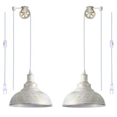 Imagem de ALAISLYC Luminária Pendente Branca Com Plugue Embutido, Suspensa Para Sala De Estar, 15 Pés, Interruptor Regulável, Polia Ajustável, Luzes Fio, Cozinha E Quarto, Pacote 2