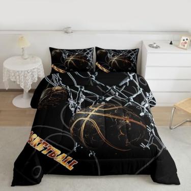 Imagem de Manfei Conjunto de edredom de basquete 3D, jogo esportivo, king, quadra de basquete, para decoração de quarto de crianças, meninas, meninos, moderno, preto, dourado, edredom, 3 peças com 2 fronhas