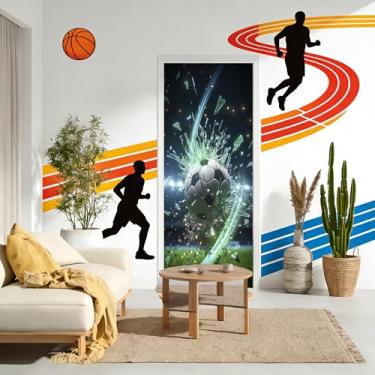 Imagem de WOOHOOROO Capa de porta de vinil bola de futebol explosiva luzes de estádio esportes dinâmicos sala de jogos meninos quarto impermeável removível papel de parede autoadesivo painel de decoração