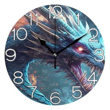 Imagem de GAIGEO Relógio de parede analógico decorativo divertido alimentado por bateria relógio de cozinha rústico, decoração de parede art déco retrô moderno, animal dragão laranja legal, 25 cm, ponteiros