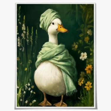 Imagem de Pato engraçado arte de parede de banheiro verde escuro botânico moody flores silvestres impressão ganso na cabeça toalha pôster rústico cottagecore pintura animal para banheiro banheiro decoração de