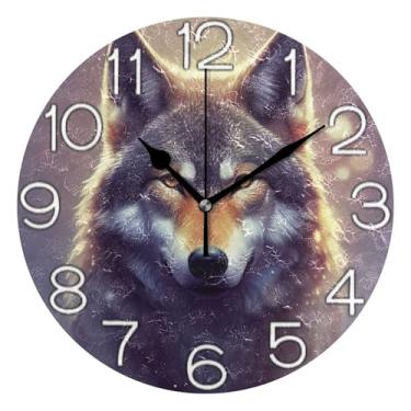 Imagem de Relógio de parede analógico decorativo para quarto e cozinha, operado a pilhas, decoração de parede de casa de fazenda moderna, arte de lobo legal, 25 cm, ponteiros pretos
