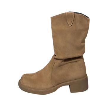 Imagem de Botas curtas femininas casuais de inverno confortáveis plus size com pregas cor sólida bico baixo cano médio botas, Caqui, 34