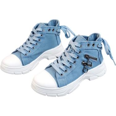 Imagem de Tênis feminino de lona de cano alto, plataforma Y2K, primavera, verão, férias, Azul, 36