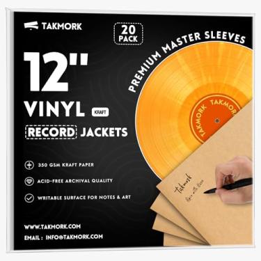 Imagem de TAKMORK Jaquetas de disco de vinil LP em branco de 30 cm, capas de álbum de papelão Kraft pesado de 350 g/m2 com lombada de 4 mm, sem orifício central, para bricolage e armazenamento, marrom, 20 peças