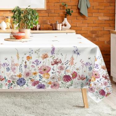 Imagem de Arquiel Wildflowers Toalha de mesa retangular lavável na máquina retrô, 140 x 178 cm, capa de mesa de poliéster primavera verão para cozinha, jantar, festa, decoração ao ar livre