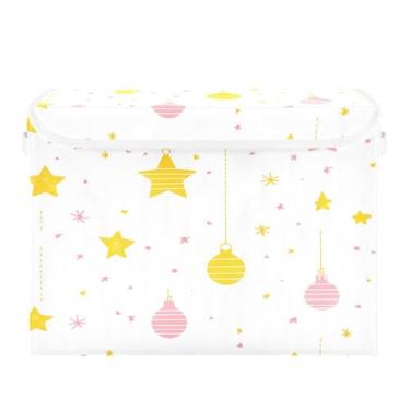 Imagem de Wassud Cestas de armazenamento de Natal com tampas, estrelas e balões, caixotes dobráveis de tecido empilhável, cestas de linho, recipiente organizador de armário 42 x 32 x 30 cm