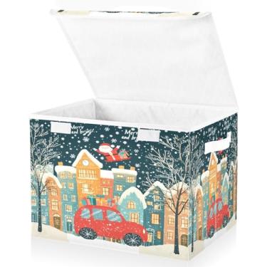 Imagem de Blueangle Caixotes de armazenamento de cidade de Natal com tampas, 42 x 32 x 30 cm, grande cesta organizadora dobrável para decoração de escritório e armário (296)