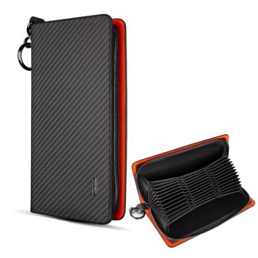 Imagem de T-carbon Porta-cartão de crédito com zíper, carteira com bloqueio de RFID para homens e mulheres, porta-cartões de visita de couro de fibra de carbono, 36 compartimentos para cartões, laranja