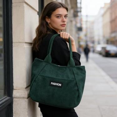 Imagem de Bolsa de veludo cotelê verde pequena, textura de veludo cotelê, bolsa de ombro leve e elegante para mulheres compras de supermercado tarefas diárias