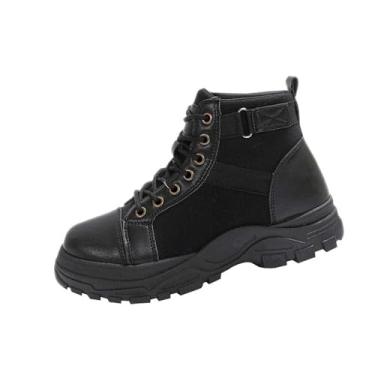Imagem de Botas femininas modernas, casuais, estilo britânico, cano baixo, sola grossa com cadarço e salto plataforma, Preto, 36