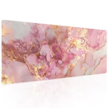 Imagem de Tapete de mouse para jogos de mármore rosa dourado GG fofo kawaii estético bonito estendido tapete de mesa tapete de mesa antiderrapante base de borracha borda costurada teclado tapete para computador