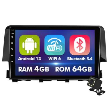 Imagem de Tela sensível ao toque IPS de 9 polegadas Android 14 estéreo para carro para Honda Civic 2016-2020 com CarPlay sem fio e Android Auto 4 + 64 GB de rádio para carro, suporte GPS, WiFi 6, Bluetooth, 5.4