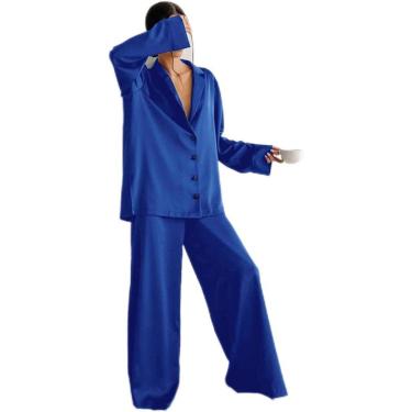 Imagem de Pijamas De Seda De Cetim De Grandes Dimensões Pijama Sexy Decotado Para Mulheres Single-breasted Mangas Compridas Calças De Perna Larga Ternos, Blue, L
