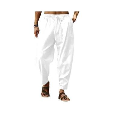 Imagem de Calças Casuais Masculinas De Algodão E Linho De Cintura Alta E Perna L