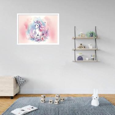 Imagem de Quadro Decorativo Unicórnio Flores Rosa - 50X70Cm