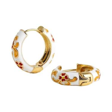 Imagem de Brincos De Argola Florais Esmaltados Coloridos Banhados a Ouro Redondo