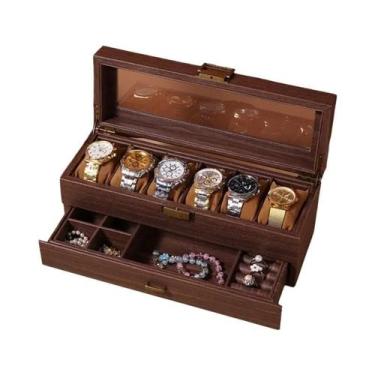 Imagem de Caixa De Relógio De Couro Marrom Estilo Retrô WELLZONE Imitando Madeir