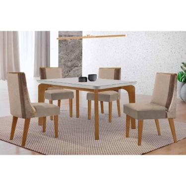 Imagem de Sala Jantar Mesa Londrina Tampo c/ Vidro Curvo 120cm 4 Cadeiras Tilia Madeira Naturale/Off White - Capuccino/Linho Capuccino - Rufato