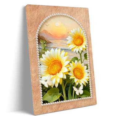 Imagem de Pôster de arte de parede em tela de girassol de 30,5 x 40,6 cm com moldura de pérola, foto de flor amarela - pôr do sol costeiro e borboletas brancas, pintura floral rústica para sala de estar, quarto