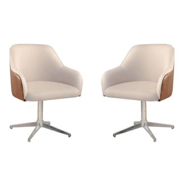 Imagem de Conjunto Poltronas Decorativa Hera Linho Nude Couro Caramelo Com Base Giratória Em Alumínio