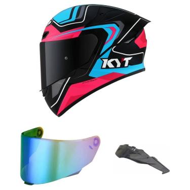 Imagem de Capacete KYT TT Course Overtech Azul e Rosa Mais Viseira Camaleão e Spoiler Fumê-Feminino