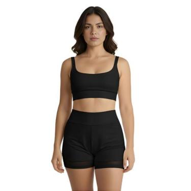 Imagem de Conjunto de Short Duplo Fitness Academia Treino Feminino Cor:PretoTama