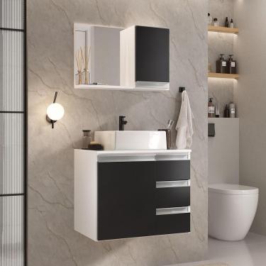 Imagem de Conjunto Gabinete Banheiro Prisma 60cm Gabinete + Cuba + Espelheira Com Vidro Branco Preto