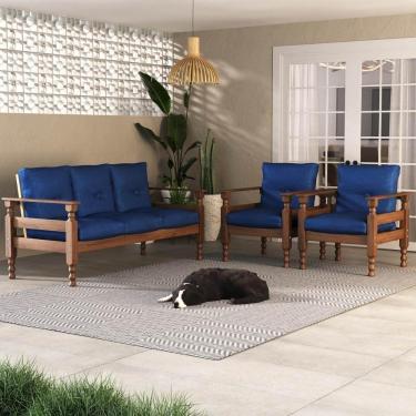 Imagem de Jogo Sofá Madeira Maciça 3 Lugares E 2 Poltronas Liz Multimóveis Vcr7001 - Imbuia/azul