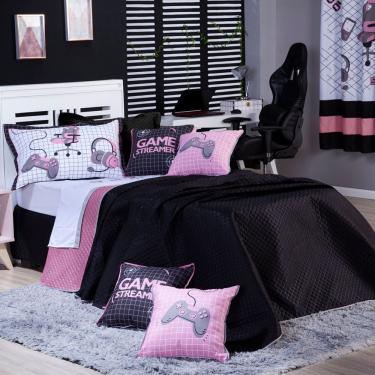 Imagem de Kit Cobre Leito Colcha Solteiro Game Streamer Rosê Dupla Face Com Almofadas Estampadas...
