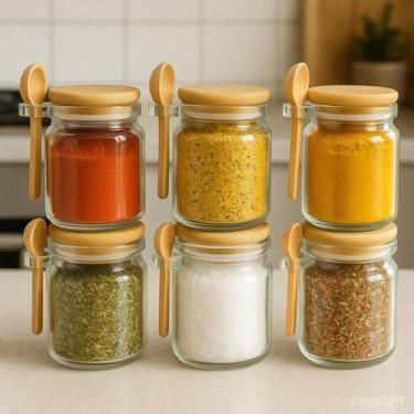 Imagem de Conjunto 6 Potes Herméticos Vidro 100ml Tampa Bambu Com Colher Para Ar