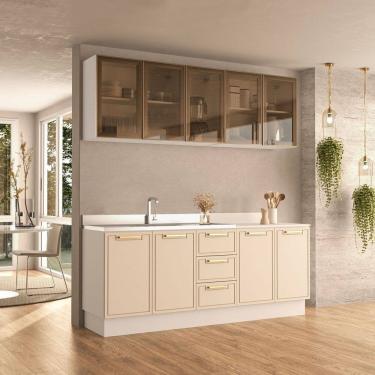 Imagem de Cozinha com Rodapé Aéreo Cristaleira e Balcão Amara Creme/Branco