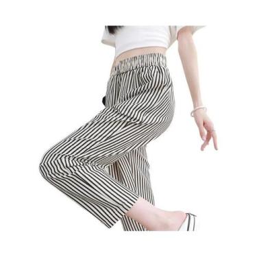 Imagem de Calças Cropped Femininas Casuais Listradas Com Cintura Elástica E Cint