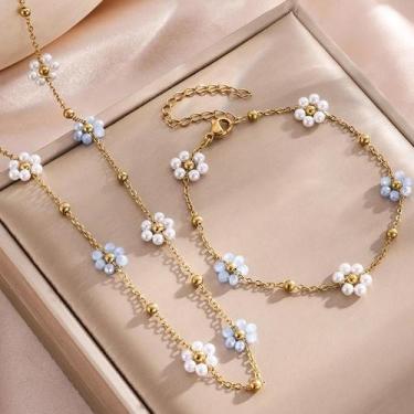 Imagem de Conjunto De Colar E Pulseira De Flor De Cristal Em Aço Inoxidável À Pr