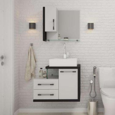 Imagem de Conjunto de Gabinete de Banheiro com Cuba Q39 e Espelheira Wood 2 PT 2 GV Branco e Preto