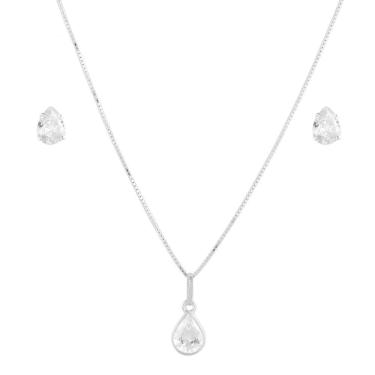 Imagem de Conjunto Corrente Colar 45cm Gota Brincos Em Prata 925